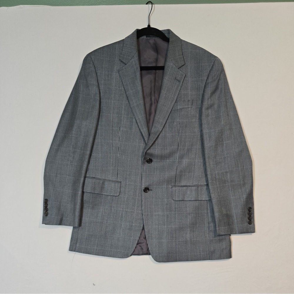 Men's Tweed Jacket 38R Blue Grey Wool Blazer Herringbone Pattern 90s Vintage